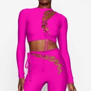 Skims Fuchsia Lace-Up Long Sleeve cropped top